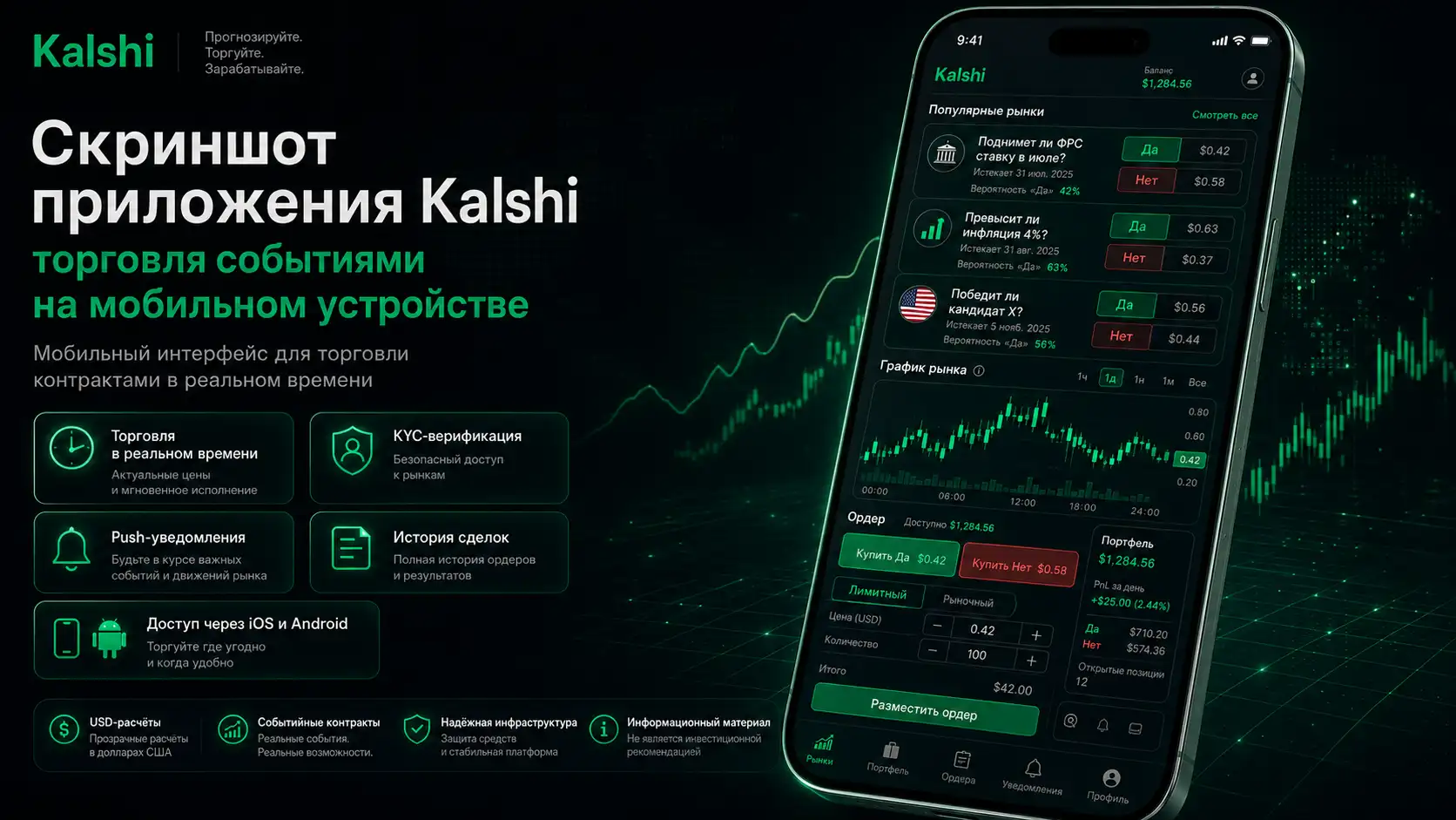 Скриншот приложения Kalshi &mdash; торговля событиями на мобильном устройстве